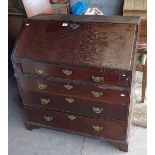 Georgian mahogany bureau with fitted interior, 3ft wide on bracket feet