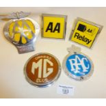 AA and RAC car grille badges, inc. a glass and chrome MG classic car owner's club