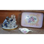 Royal Crown Derby "Derby Posies" tea strainer, a Naples porcelain group and a Limoges porcelain tray
