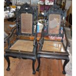 Pair of Victorian Anglo-Chinese carved wood armchairs with cane-work seats and backs