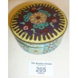 Cloisonné box, approx. 9cm in diameter, some damage to enamel