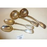 Pair of silver ladles and dessert spoons in the Fiddle pattern, hallmarked for London 1837, maker'
