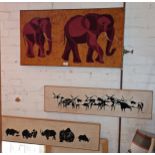Kenyan fabric picture of elephants, signed Ngugi dated 1975 and two other similar of rhinoceros