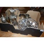 Antique silver plated coffee pots, trays, dishes, tankards, etc.