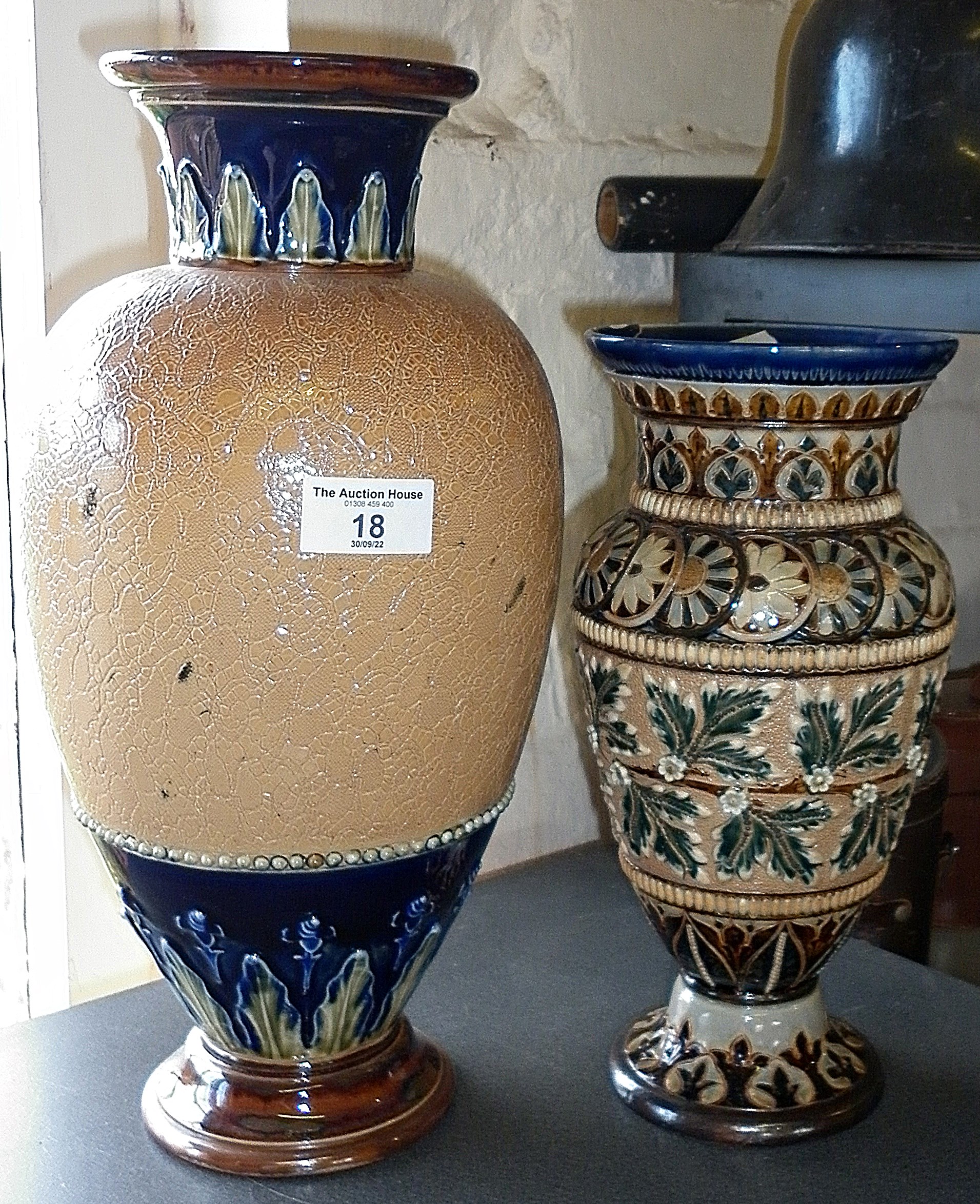 Royal Doulton stoneware vase 14", and another similar A/F