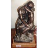 Small replica of Rodin's 'The Kiss' by Austin sculpture c. 1994 on wood plinth