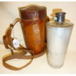 Vintage James Dixon & Co. glass and pewter hunting or saddle flask in pewter lined leather case