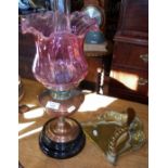 Victorian copper based oil lamp (Messengers patent) with cranberry glass shade (crack to shade), and