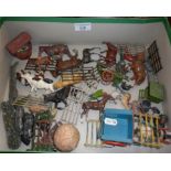 Collection of Britains and other lead farm animals, farm carts and fences