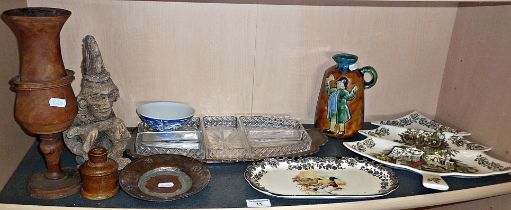 Assorted items including glass hors d'oeuvres dish, treen wood vase, a Persian copper alms dish (