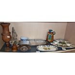 Assorted items including glass hors d'oeuvres dish, treen wood vase, a Persian copper alms dish (