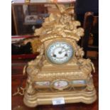 French ormolu mantle clock with floral enamel dial and similar panels