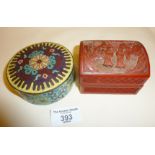 Chinese cinnabar red lacquer box, together with a Cloisonné box, approx. 9cm in diameter, some