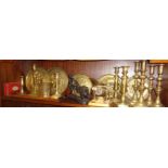 Collection of brassware, inc. Victorian candlesticks, pestle and mortar, etc., and a large cast iron