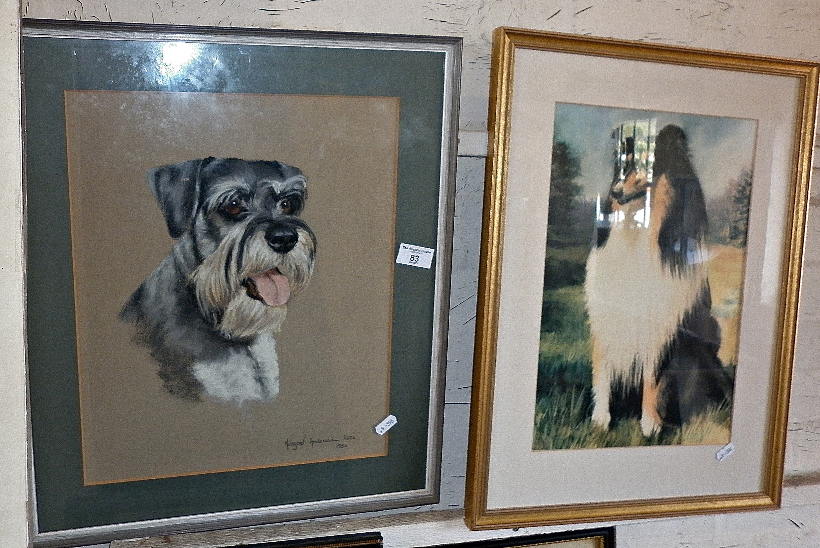 Pastel portrait of a bearded terrier by Margaret Anderson, and a colour print of a collie