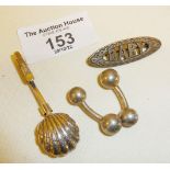 One pair of silver cufflinks, silver skirt lifter and a "Baby" brooch
