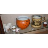 Large Victorian transfer decorated loving cup, a pottery jardiniere and coffee cans, etc.