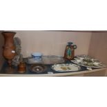 Assorted items including glass hors d'oeuvres dish, a treen wood vase, a Persian copper dish (