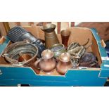 Box of assorted metalware and African souvenir masks