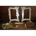 Pair of reproduction Art Nouveau brass photo frames and three copper ashtrays