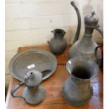 Persian embossed copper plate and two Turkish coffee pots