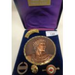 Large bronze medal for finishing in the Thames Barge (T.O.W) Race and four badges