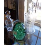 Victorian Nailsea green glass dump, etched glass decanter and another