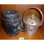18th c. iron bound oak costrel and a copper lidded pot with handle
