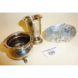 Miniature silver table (one leg missing), a silver Kiddush cup and a silver salt