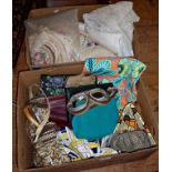 Vintage clothing: Clothing, handbags, retro fabric and a pair of goggles (2 boxes)