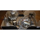 Antique silver plated coffee pots, trays, dishes, tankards, etc.