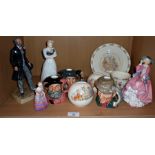 Royal Doulton character jugs and figurines including Bridesmaid, Top o' the Hill, Kimberley, and Sir