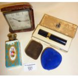 Art Deco Goldsmiths & Silversmiths travel clock, Lanvin perfume atomiser in box, Bavarian? porcelain