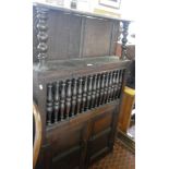 18th c. oak food hatch cupboard having door with turned spindles, iron hinges to double doors under,