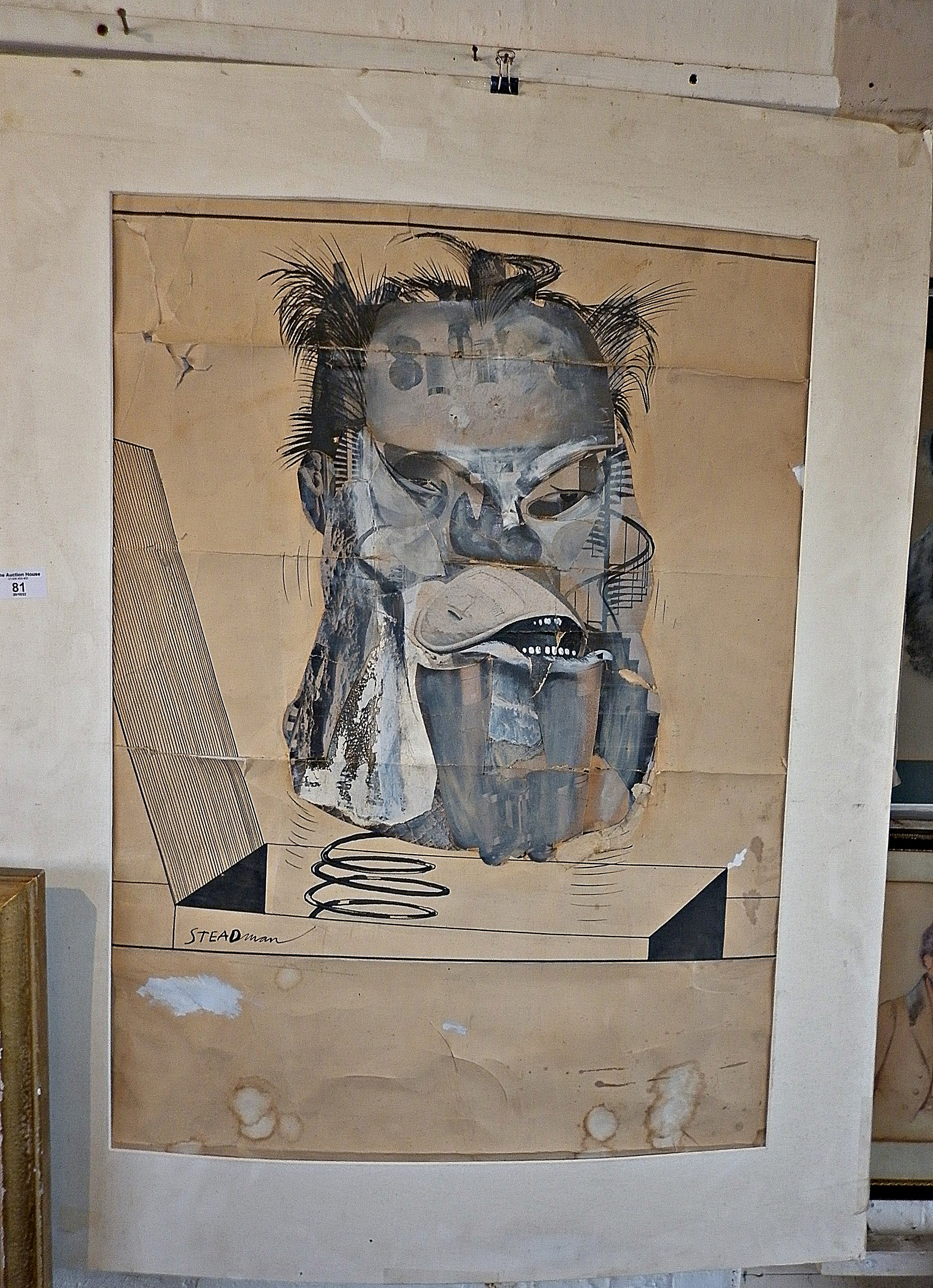 Humorous portrait of Jack Nicholson by Ralph Steadman titled "Jack in the Box", pen and ink wash,