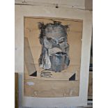 Humorous portrait of Jack Nicholson by Ralph Steadman titled "Jack in the Box", pen and ink wash,