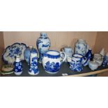 Assorted blue and white china including Chinese vases, a shaving mug etc