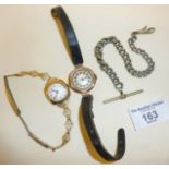 Two 9ct gold ladies wrist watches and a fob chain