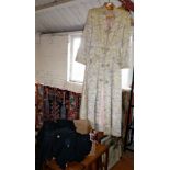 Vintage clothing: 1920's/30's Chinese silk dressing gown and a box of assorted fabrics etc