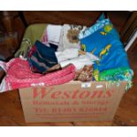 Box of assorted vintage fabrics materials