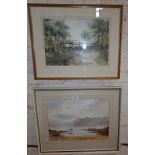 Watercolour of a loch with cottages and fishing boat by Townsend, and a watercolour of a landscape