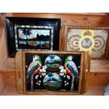 Two inlaid butterfly-wing trays, and a similar framed picture