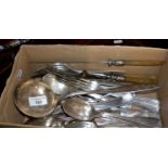 Assorted Art Deco silver plated cutlery, inc. large Victorian soup ladle and horn handled carving