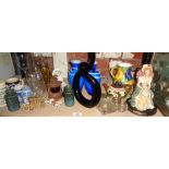 Shelf of glassware and pottery, etc.