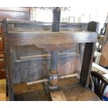 19th c. oak book press on pine base with cupboard and drawer