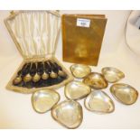 Set of 8 Peruvian Camusso Sterling silver dishes and a brass book shaped cigarette box and cased set