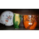 Royal Staffordshire Pottery lustreware jardiniere, a majolica corn on the cob jug and a china plate