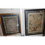 Two Chinese embroidered silk panels, framed