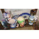 Assorted china inc. Royal Doulton character jug, Doulton stoneware biscuit barrel (A/F). Beswick