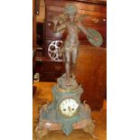 19th c. French spelter and marble mantle clock surmounted by figure of Cupid, 24" tall